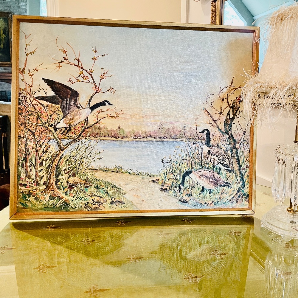 VTG Flying Canadian Geese In Flight on Lake Oil Painting Canvas Landscape Signed